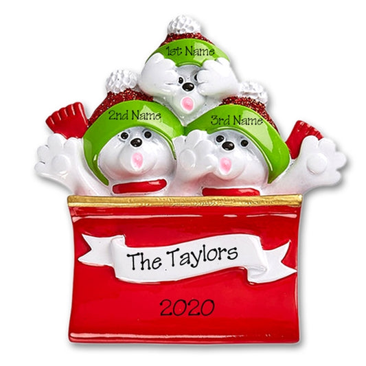 Polar Bear Family of 3 in Sleigh / Toboggan Personalized Ornament - RESIN