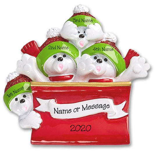 Polar Bear Family of 4 in Sleigh / Toboggan Personalized Ornament - RESIN