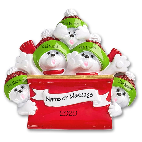 Polar Bear Family of 5 in Sleigh / Toboggan Personalized Ornament - RESIN