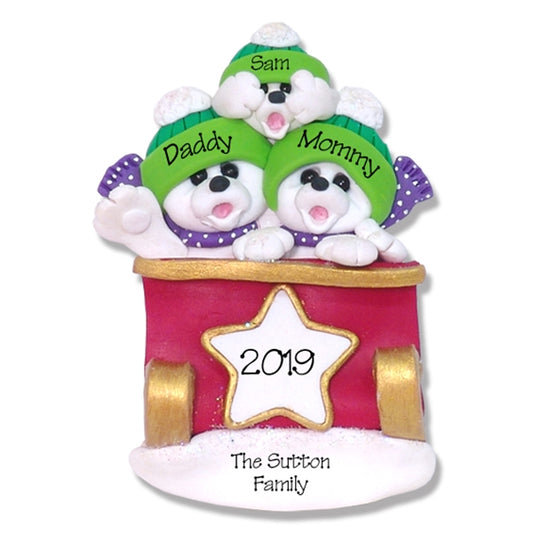 Polar Bear Family of 3 in Sleigh Personalized Ornament - Limited Edition