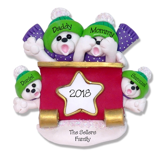 Polar Bear Family of 4 in Sleigh Handmade Polymer Clay - Limited Edition