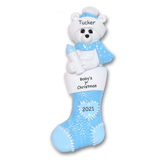Polar Bear in Blue Stocking Personalized 1st Christmas Ornament for Baby Boy - RESIN