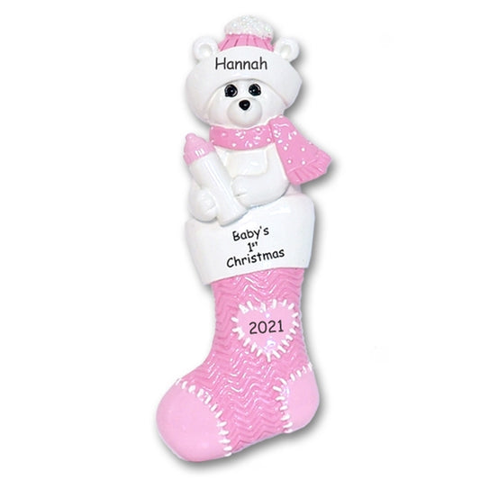 Polar Bear in Pink Stocking Personalized 1st Christmas Ornament for Baby Girl - RESIN