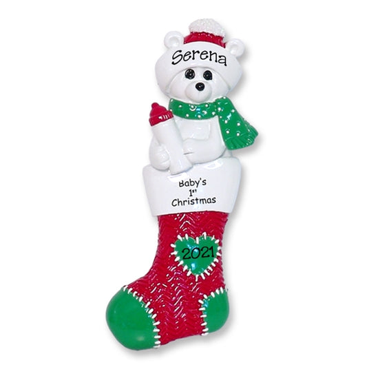 Polar Bear in Red Stocking Personalized 1st Christmas Ornament for Baby Girl or Boy - RESIN