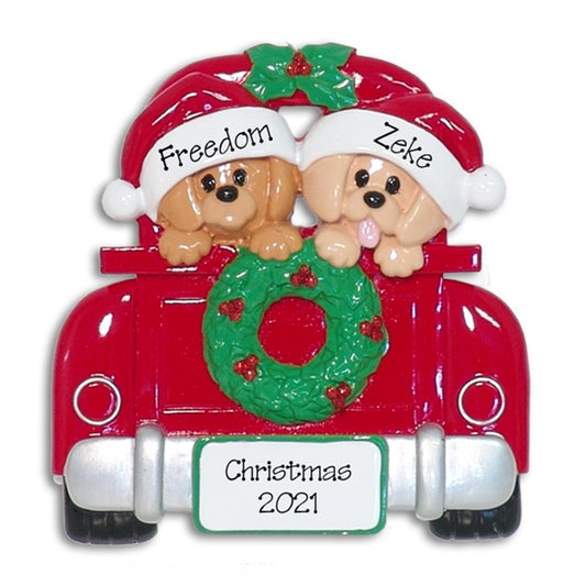 Two Puppy Dogs in Red Pickup Truck Personalized Ornament - RESIN