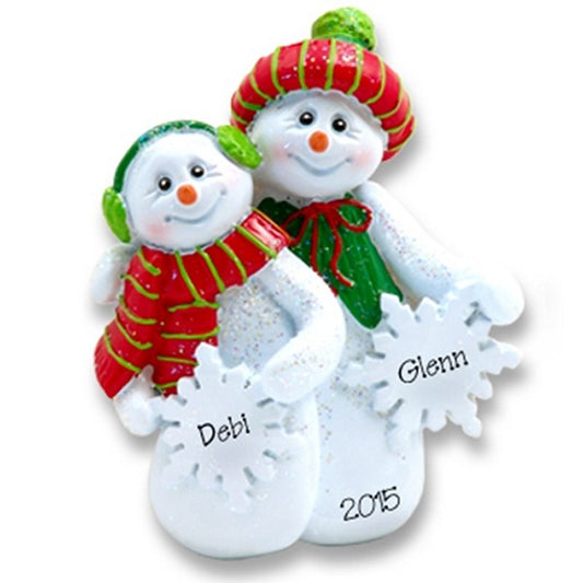 Snowman Couple with Snowflakes Personalized Couples Ornament