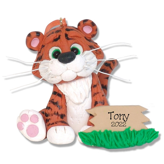 Sitting Tiger HANDMADE Polymer Clay Personalized Christmas Ornament - Limited Edition