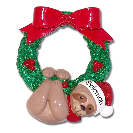 Christmas Sloth Hanging from Wreath Personalized Christmas Ornament - RESIN
