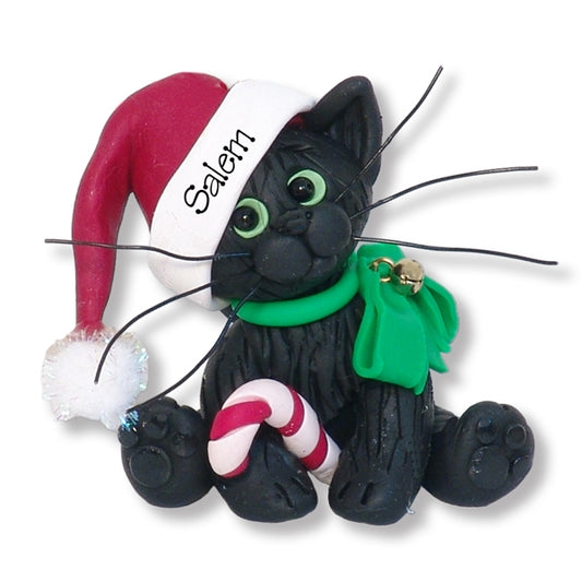 Black KITTY CAT with Santa Hat Personalized Christmas Ornament