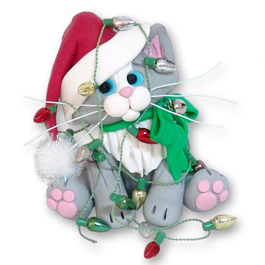 Gray & White KITTY CAT with Lights Personalized Christmas Ornament