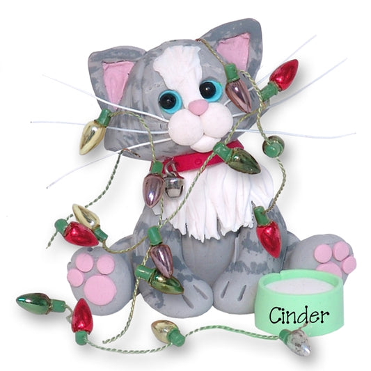 Gray & White Tabby KITTY CAT w/Chriistmas Lights Personalized Christmas Ornament