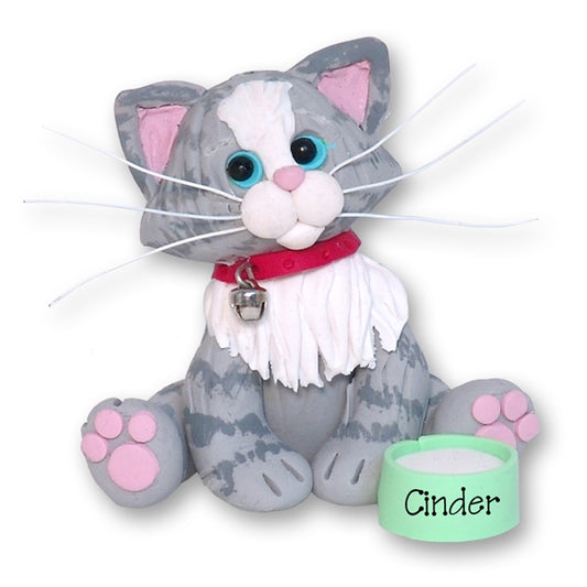 Gray & White Tabby KITTY CAT Personalized Christmas Ornament
